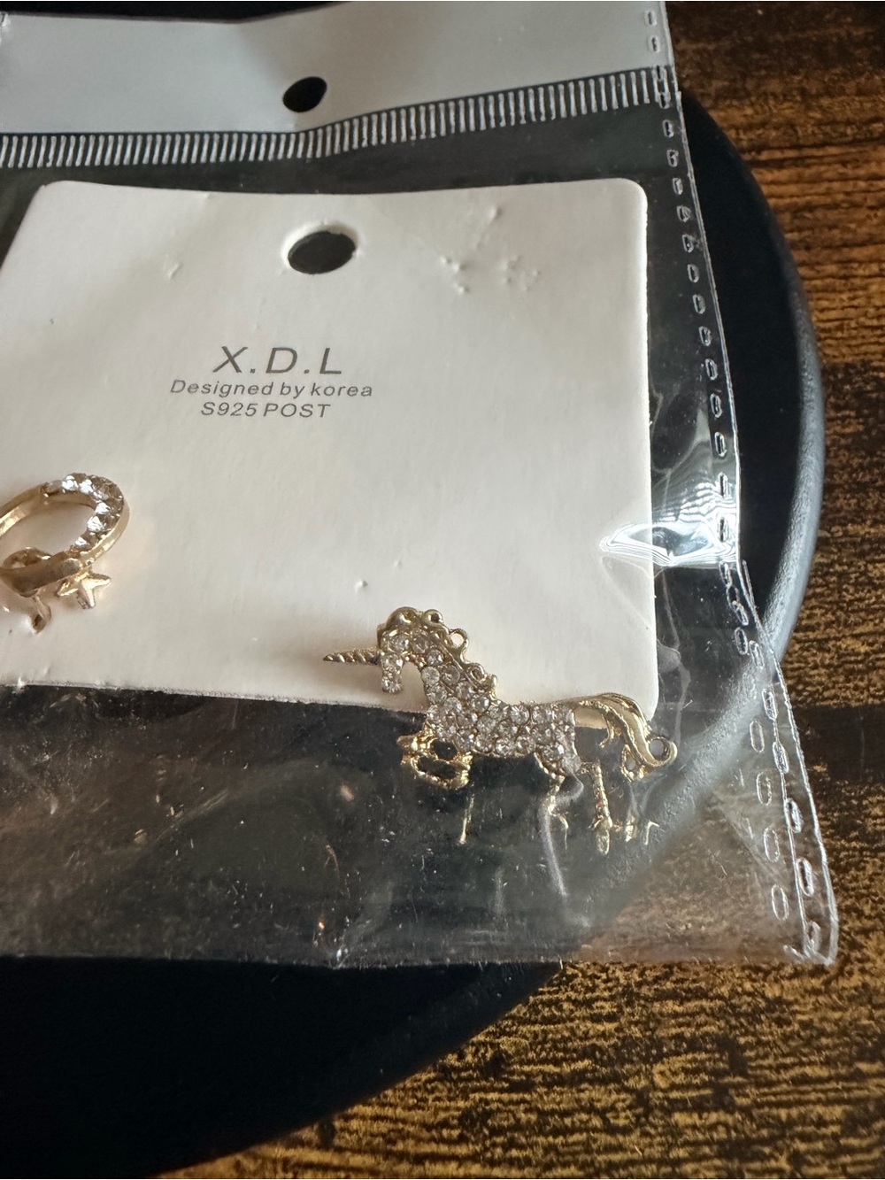Gold Unicorn and Gold Horseshoe Earring with Clear Crystals